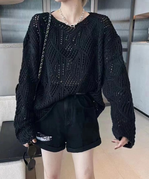 セール】レディース ドロップショルダー透かし編みニット
