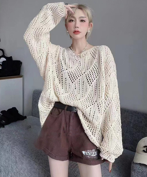 DAY CLOSET(デイ クローゼット)の「レディース ドロップショルダー透かし編みニットセーター(ニット/セーター・レディース・キナリ/ブラウン/パープル/ブラック・ONE SIZE)」の6枚目の写真