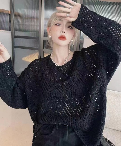 DAY CLOSET(デイ クローゼット)の「レディース ドロップショルダー透かし編みニットセーター(ニット/セーター・レディース・キナリ/ブラウン/パープル/ブラック・ONE SIZE)」の9枚目の写真