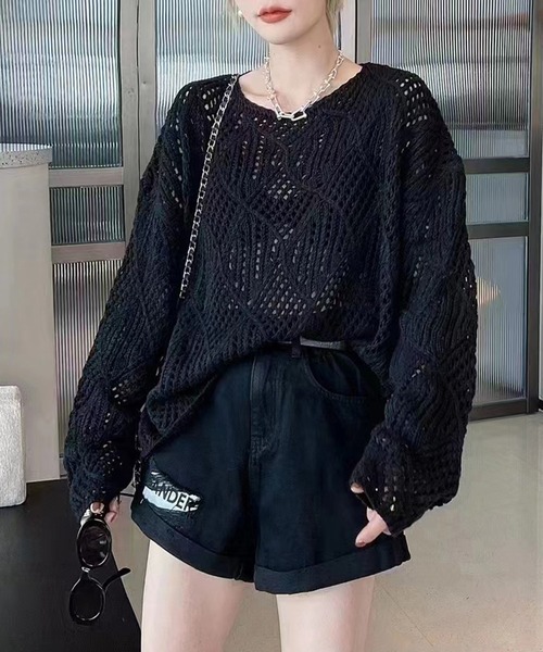 DAY CLOSET(デイ クローゼット)の「レディース ドロップショルダー透かし編みニットセーター(ニット/セーター・レディース・キナリ/ブラウン/パープル/ブラック・ONE SIZE)」の10枚目の写真