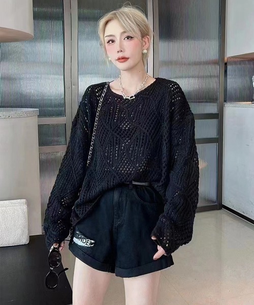 DAY CLOSET(デイ クローゼット)の「レディース ドロップショルダー透かし編みニットセーター(ニット/セーター・レディース・キナリ/ブラウン/パープル/ブラック・ONE SIZE)」の11枚目の写真
