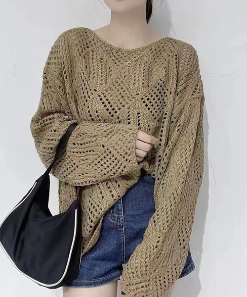 DAY CLOSET(デイ クローゼット)の「レディース ドロップショルダー透かし編みニットセーター(ニット/セーター・レディース・キナリ/ブラウン/パープル/ブラック・ONE SIZE)」の12枚目の写真
