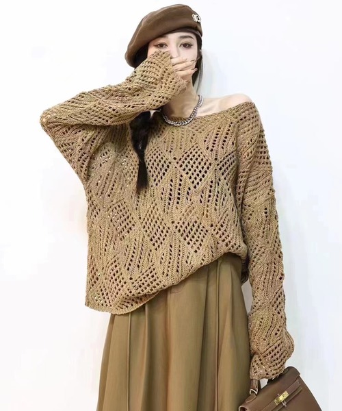 DAY CLOSET(デイ クローゼット)の「レディース ドロップショルダー透かし編みニットセーター(ニット/セーター・レディース・キナリ/ブラウン/パープル/ブラック・ONE SIZE)」の13枚目の写真