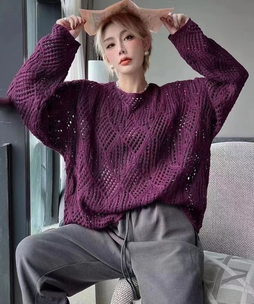 DAY CLOSET(デイ クローゼット)の「レディース ドロップショルダー透かし編みニットセーター(ニット/セーター・レディース・キナリ/ブラウン/パープル/ブラック・ONE SIZE)」の14枚目の写真