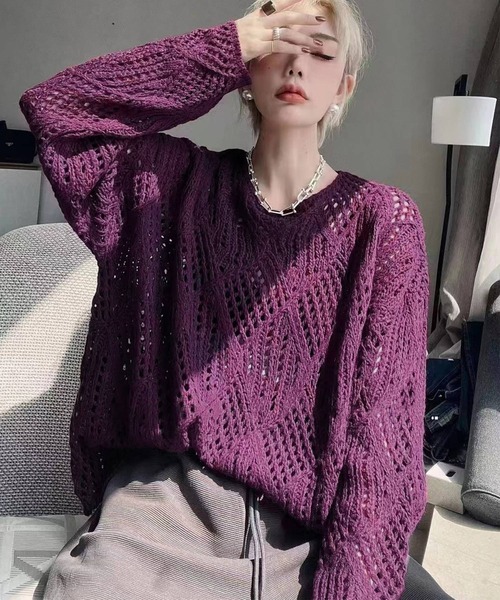 DAY CLOSET(デイ クローゼット)の「レディース ドロップショルダー透かし編みニットセーター(ニット/セーター・レディース・キナリ/ブラウン/パープル/ブラック・ONE SIZE)」の15枚目の写真