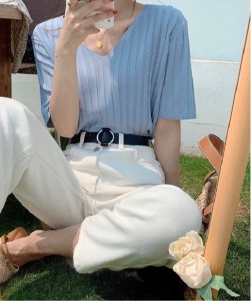 Burner(バーナー)の「【OKUOKU 0909】VネックニットTシャツ oku-tops-618674961560-10(ニット/セーター・レディース・C/D/E/F/A/H/B/G・FREE)」の7枚目の写真