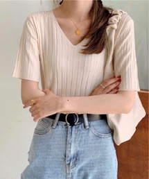 【OKUOKU　0909】VネックニットTシャツ　oku-tops-618674961560-10