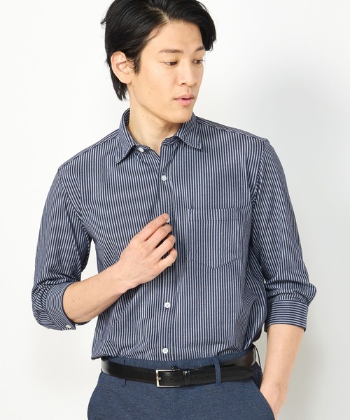 CROWDED CLOSET（クラウデッドクローゼット）の「【HIGH COOL(ハイクール)】ストライプ サッカージャージ７分袖シャツ（ポロシャツ・メンズ・ネイビー/ホワイト/ダークネイビー・01/02/03/04）」の2枚目の写真