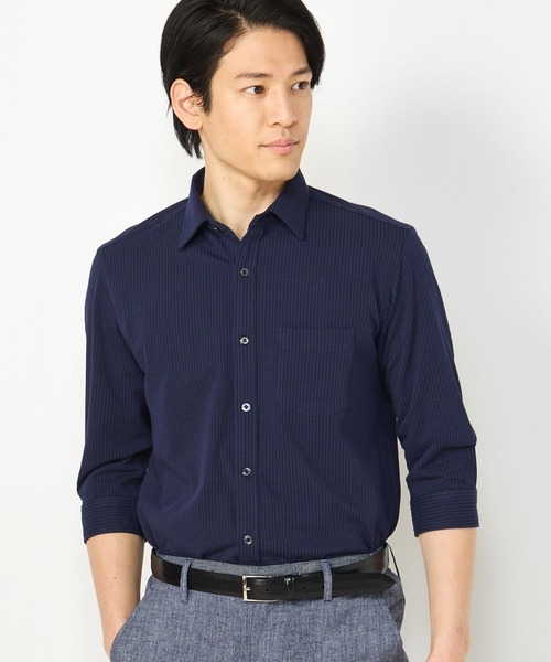 CROWDED CLOSET（クラウデッドクローゼット）の「【HIGH COOL(ハイクール)】ストライプ サッカージャージ７分袖シャツ（ポロシャツ・メンズ・ネイビー/ホワイト/ダークネイビー・01/02/03/04）」の3枚目の写真