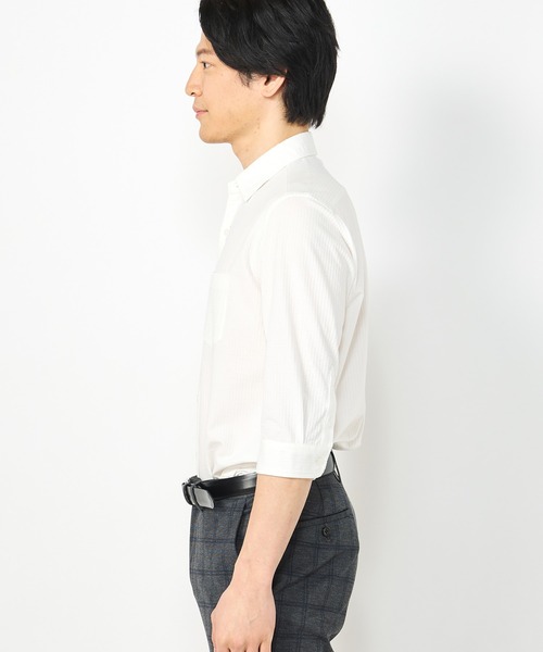 CROWDED CLOSET（クラウデッドクローゼット）の「【HIGH COOL(ハイクール)】ストライプ サッカージャージ７分袖シャツ（ポロシャツ・メンズ・ネイビー/ホワイト/ダークネイビー・01/02/03/04）」の4枚目の写真