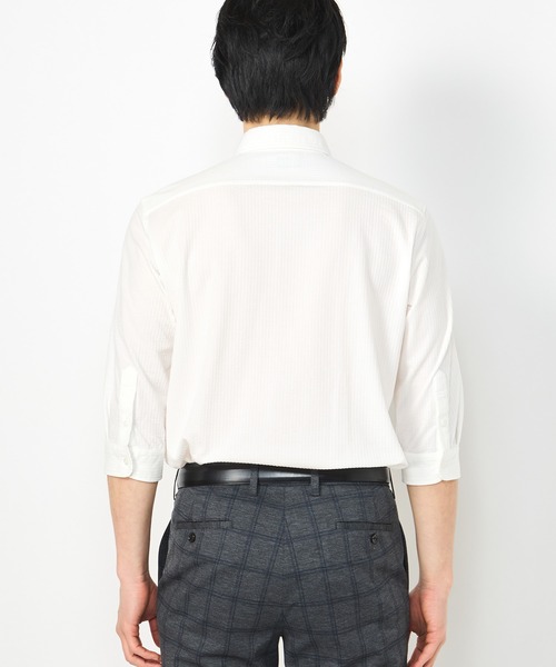 CROWDED CLOSET（クラウデッドクローゼット）の「【HIGH COOL(ハイクール)】ストライプ サッカージャージ７分袖シャツ（ポロシャツ・メンズ・ネイビー/ホワイト/ダークネイビー・01/02/03/04）」の5枚目の写真