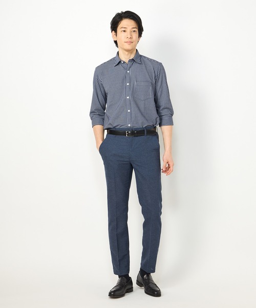 CROWDED CLOSET（クラウデッドクローゼット）の「【HIGH COOL(ハイクール)】ストライプ サッカージャージ７分袖シャツ（ポロシャツ・メンズ・ネイビー/ホワイト/ダークネイビー・01/02/03/04）」の7枚目の写真