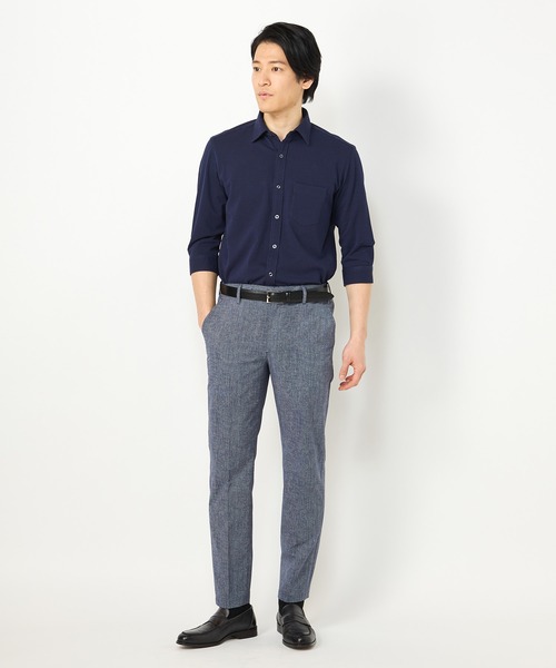 CROWDED CLOSET（クラウデッドクローゼット）の「【HIGH COOL(ハイクール)】ストライプ サッカージャージ７分袖シャツ（ポロシャツ・メンズ・ネイビー/ホワイト/ダークネイビー・01/02/03/04）」の8枚目の写真