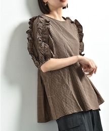 ワッシャーギンガムチェックフリルボリューム袖プルオーバー