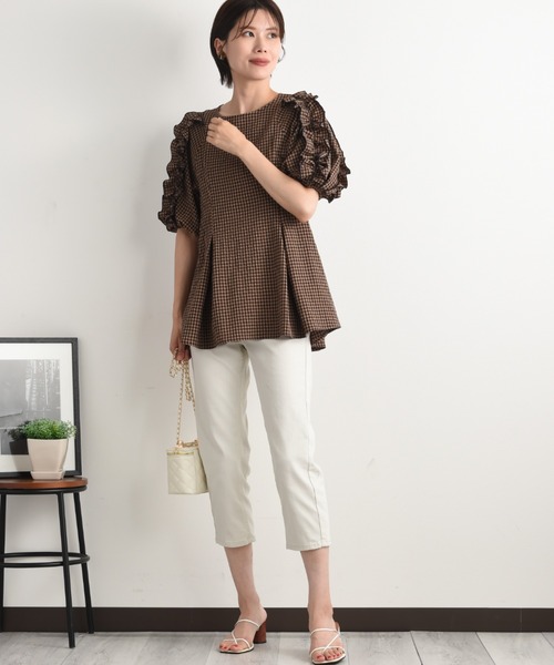 INTERPLANET（インタープラネット）の「ワッシャーギンガムチェックフリルボリューム袖プルオーバー（シャツ/ブラウス・レディース・ブラウン/ネイビー・FREE）」の3枚目の写真