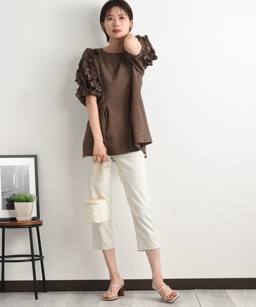 INTERPLANET（インタープラネット）の「ワッシャーギンガムチェックフリルボリューム袖プルオーバー（シャツ/ブラウス・レディース・ブラウン/ネイビー・FREE）」の17枚目の写真