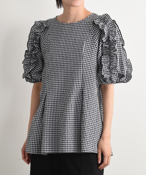 INTERPLANET（インタープラネット）の「ワッシャーギンガムチェックフリルボリューム袖プルオーバー（シャツ/ブラウス・レディース・ブラウン/ネイビー・FREE）」の14枚目の写真