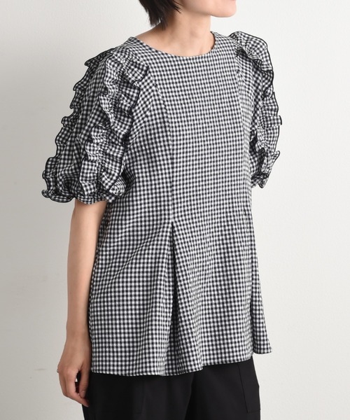 INTERPLANET（インタープラネット）の「ワッシャーギンガムチェックフリルボリューム袖プルオーバー（シャツ/ブラウス・レディース・ブラウン/ネイビー・FREE）」の4枚目の写真