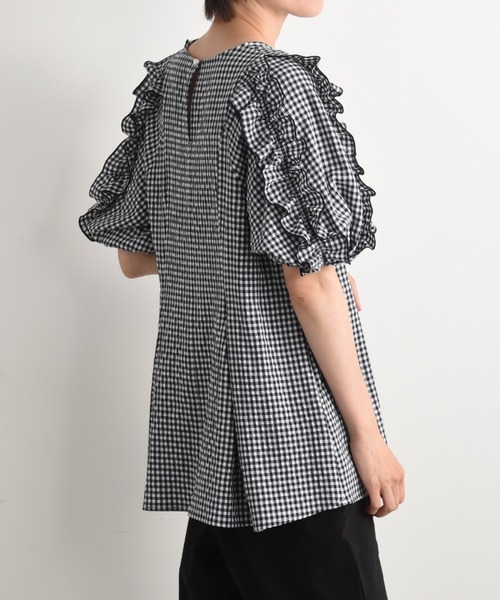 INTERPLANET（インタープラネット）の「ワッシャーギンガムチェックフリルボリューム袖プルオーバー（シャツ/ブラウス・レディース・ブラウン/ネイビー・FREE）」の7枚目の写真