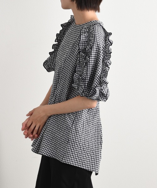 INTERPLANET（インタープラネット）の「ワッシャーギンガムチェックフリルボリューム袖プルオーバー（シャツ/ブラウス・レディース・ブラウン/ネイビー・FREE）」の22枚目の写真
