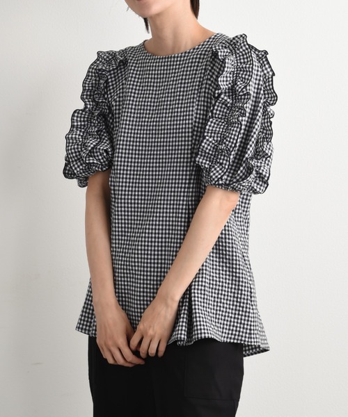 INTERPLANET（インタープラネット）の「ワッシャーギンガムチェックフリルボリューム袖プルオーバー（シャツ/ブラウス・レディース・ブラウン/ネイビー・FREE）」の11枚目の写真