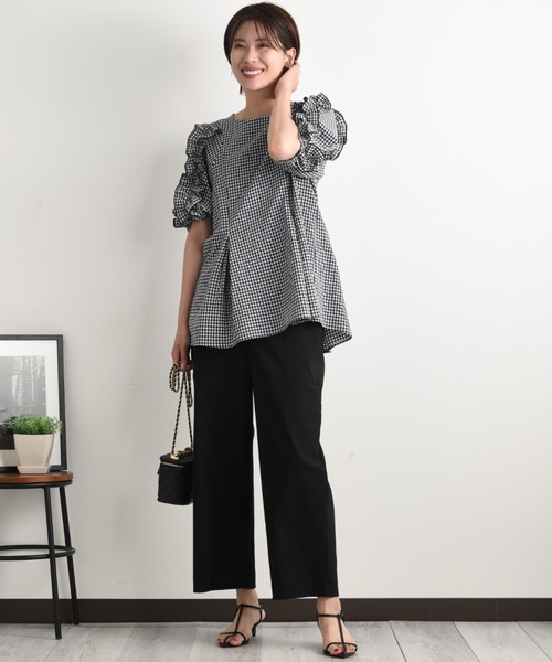 INTERPLANET（インタープラネット）の「ワッシャーギンガムチェックフリルボリューム袖プルオーバー（シャツ/ブラウス・レディース・ブラウン/ネイビー・FREE）」の15枚目の写真