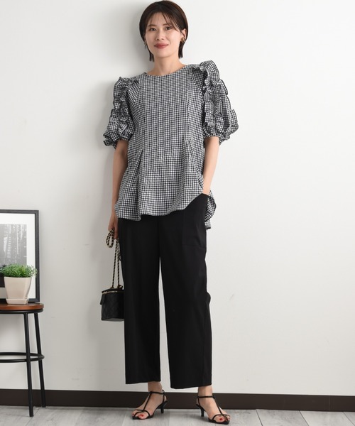 INTERPLANET（インタープラネット）の「ワッシャーギンガムチェックフリルボリューム袖プルオーバー（シャツ/ブラウス・レディース・ブラウン/ネイビー・FREE）」の12枚目の写真