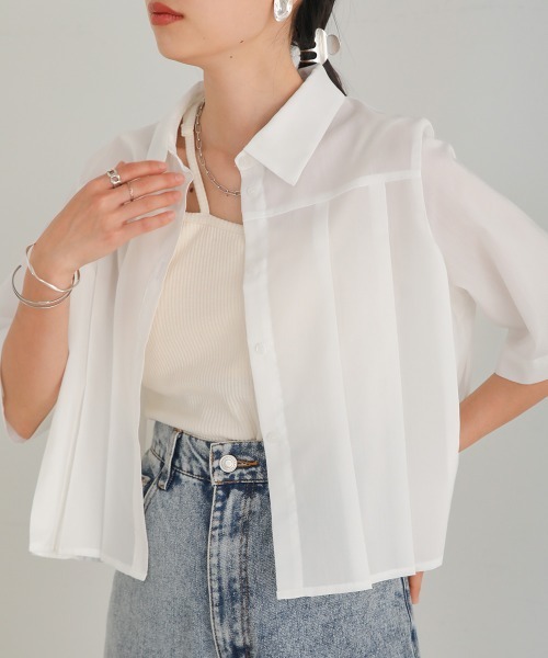 Bab(バブ)の「プリーツシャツブラウス(シャツ/ブラウス・レディース・サックスブルー/オフホワイト/グレイッシュベージュ・M)」の4枚目の写真