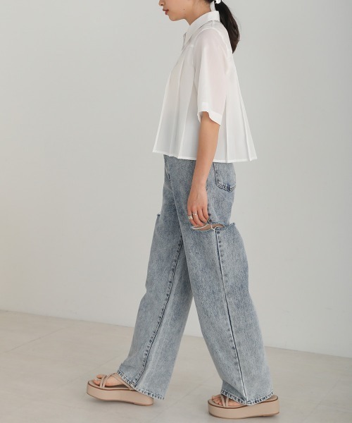 Bab(バブ)の「プリーツシャツブラウス(シャツ/ブラウス・レディース・サックスブルー/オフホワイト/グレイッシュベージュ・M)」の7枚目の写真