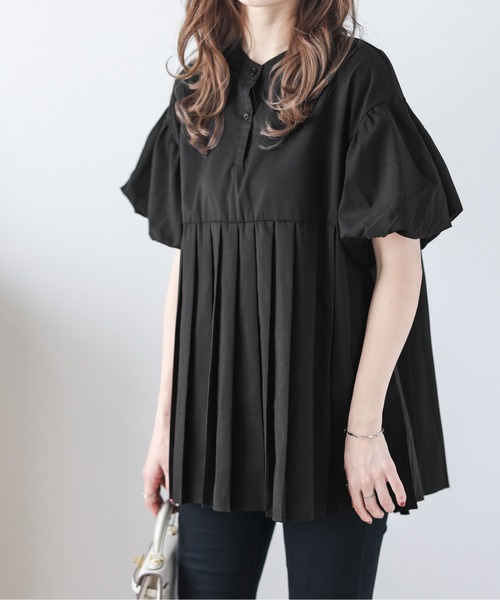 La-gemme(ラジェム)の「パフ袖プリーツ切替バンドカラーシャツ(シャツ/ブラウス・レディース・ベージュ/ピンク/ホワイト/ブラック・フリー)」の2枚目の写真
