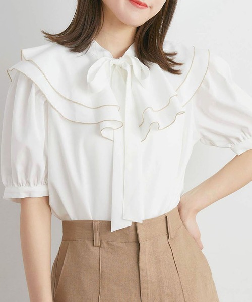 RETRO GIRL（レトロガール）の「ダブルフリル襟ボウタイBL（シャツ/ブラウス・レディース・ブルー/オフホワイト/ピンク・FREE）」の2枚目の写真