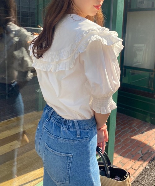 one after another NICE CLAUP（ワンアフターアナザーナイスクラップ）の「半袖ブラウス（シャツ/ブラウス・レディース・ネイビー・FREE）」の5枚目の写真