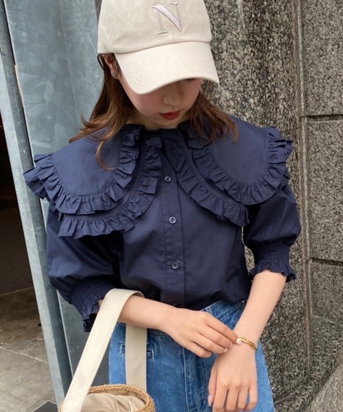one after another NICE CLAUP（ワンアフターアナザーナイスクラップ）の「半袖ブラウス（シャツ/ブラウス・レディース・ネイビー・FREE）」の3枚目の写真