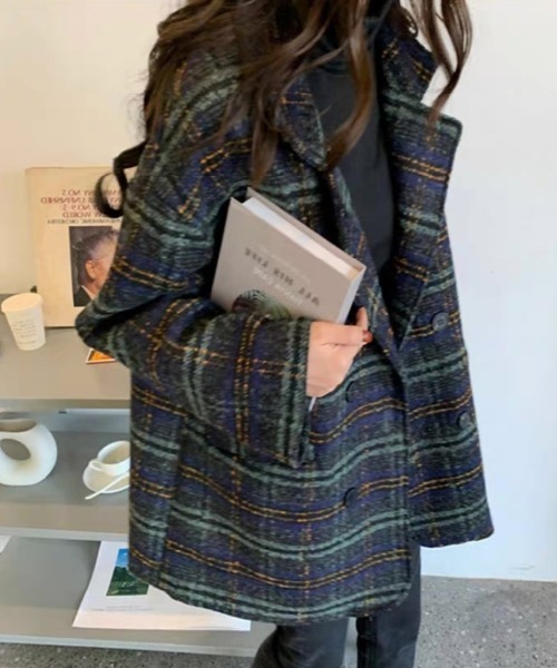 セール】ビッグチェック4つ釦ショートコート（チェスターコート