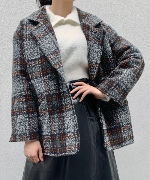 極美品❣️チェック柄ウール入りショートコート セール】ビッグチェック4つ釦ショートコート（チェスターコート