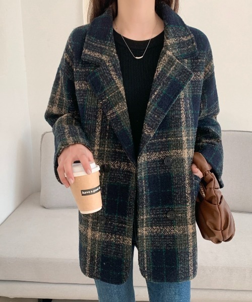 セール】ビッグチェック4つ釦ショートコート（チェスターコート
