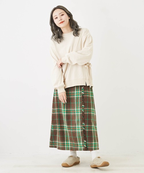 CUBE SUGAR（キューブシュガー）の「起毛チェック巻きスカート風フリンジスカート（スカート・レディース・ネイビー/イエロー/ブラウン・M）」の14枚目の写真