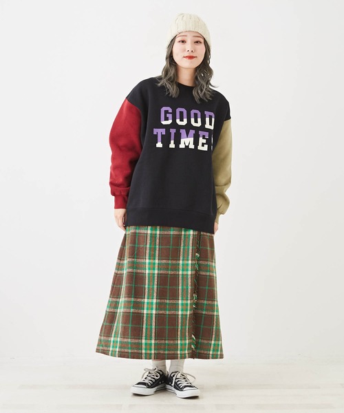 CUBE SUGAR（キューブシュガー）の「起毛チェック巻きスカート風フリンジスカート（スカート・レディース・ネイビー/イエロー/ブラウン・M）」の15枚目の写真