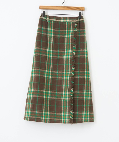 CUBE SUGAR（キューブシュガー）の「起毛チェック巻きスカート風フリンジスカート（スカート・レディース・ネイビー/イエロー/ブラウン・M）」の9枚目の写真