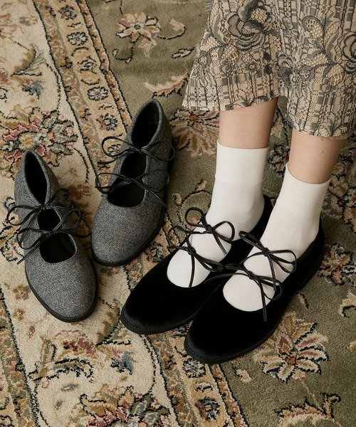 BONLECILL noir】ダブルリボンストラップバレエシューズ/ギリー