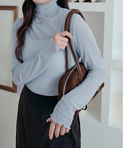 kirakiraShop（キラキラショップ）の「上品な透け感がかわいい。シアー メッシュ ハイネック トップス シアートップス レイヤードトップス ドット 長袖（Tシャツ/カットソー・レディース・ブラック/クリーム/グリーン系/グレー/ホワイト系/ブラック系1/オフホワイト/ブラック系2/カーキ/ブルー系/ライトパープル/イエロー系/ブラウン/ブラック系3/ホワイト系1/ブラック系4/ホワイト系2/ホワイト系3/ブラック系5/ブラック系6/ブルー系1/ブルー系2/ピンク・XL/L/M）」の20枚目の写真