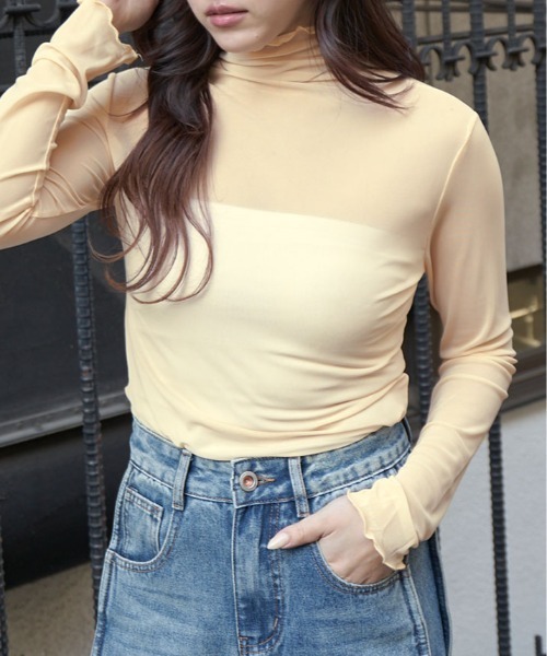 セール】上品な透け感がかわいい。シアー メッシュ ハイネック