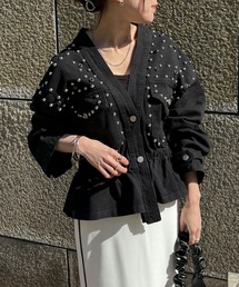 ISOOK | 【ISOOK / アイスー】スタッズデザインデニムジャケット / ストーン ビジュー ペプラム フレア Gジャン ノーカラージャケット ショート丈 ZOZOTOWN限定(デニムジャケット)
