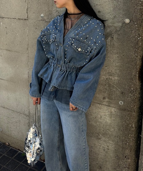 ISOOK（アイスー）の「【ISOOK / アイスー】スタッズデザインデニムジャケット / ストーン ビジュー ペプラム フレア Gジャン ノーカラージャケット ショート丈 ZOZOTOWN限定（デニムジャケット・レディース・ブルー/ブラック・FREE）」の18枚目の写真