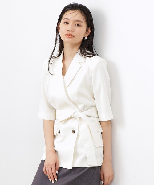 OPAQUE.CLIP(オペークドットクリップ)の「◆【大草直子さんコラボ】ベルト付き5分袖ジャケット(テーラードジャケット・レディース・ホワイト/ブラック・36/38/40)」の5枚目の写真
