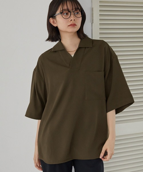 MONO-MART（モノマート）の「綾ドレープ ルーズハーフスリーブスキッパーポロシャツ（ポロシャツ・メンズ・ダークブラウン/ダークネイビー/ブラック/チャコール/モカ/グレイッシュブルー・L/M）」の22枚目の写真