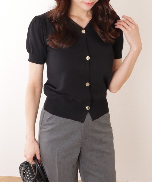 Lace Ladies(レースレディース)の「Vネック 半袖 ニット コンパクト カーディガン(カーディガン/ボレロ・レディース・ブラック/ホワイト・FREE)」の4枚目の写真