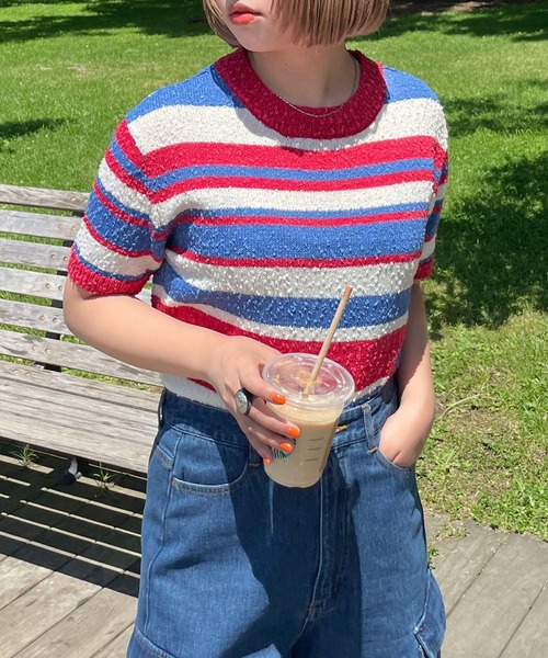 Chillfar（チルファー）の「カラーボーダーサマーニットトップス（ニット/セーター・レディース・ブルー/ブラック/レッド/ブラウン・FREE）」の4枚目の写真