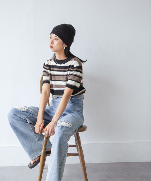 Chillfar（チルファー）の「カラーボーダーサマーニットトップス（ニット/セーター・レディース・ブルー/ブラック/レッド/ブラウン・FREE）」の22枚目の写真