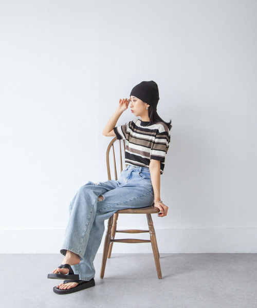 Chillfar（チルファー）の「カラーボーダーサマーニットトップス（ニット/セーター・レディース・ブルー/ブラック/レッド/ブラウン・FREE）」の21枚目の写真